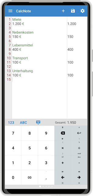 CalcNote Screenshot für Ausgaben-Notizen