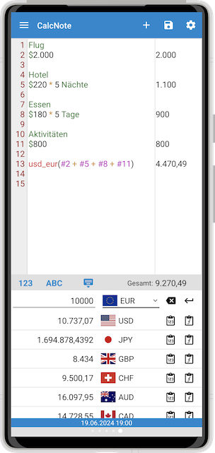 CalcNote Screenshot für Reiseplanung
