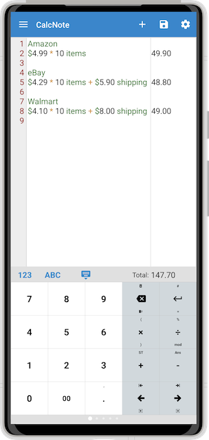 CalcNote screenshot of shopping comparisons