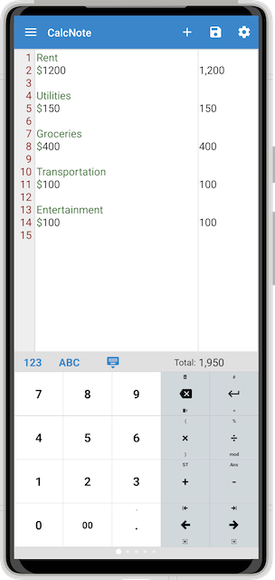 CalcNote screenshot of expense notes