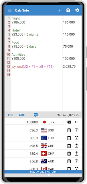 CalcNote screenshot of trip planning