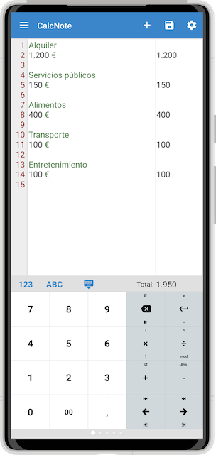 Captura de CalcNote con notas de gastos