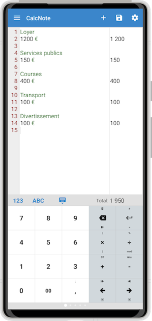 Capture d'écran CalcNote des notes de dépenses