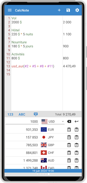 Capture d'écran CalcNote pour planifier un voyage