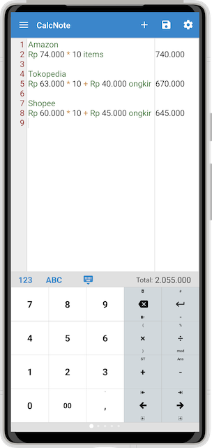 Tangkapan layar CalcNote untuk perbandingan belanja