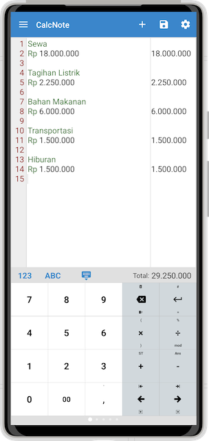 Tangkapan layar CalcNote untuk catatan pengeluaran