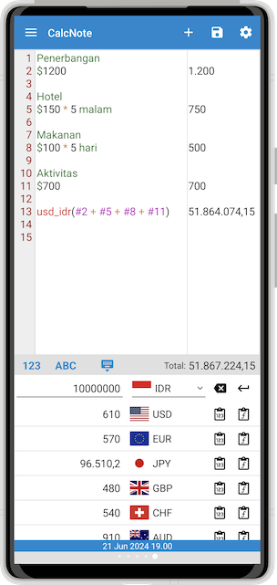 Tangkapan layar CalcNote untuk rencana perjalanan