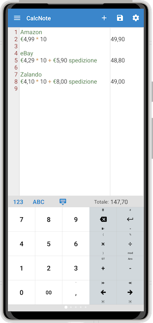 Screenshot di CalcNote per confronti di shopping