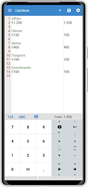 Screenshot di CalcNote per note di spesa