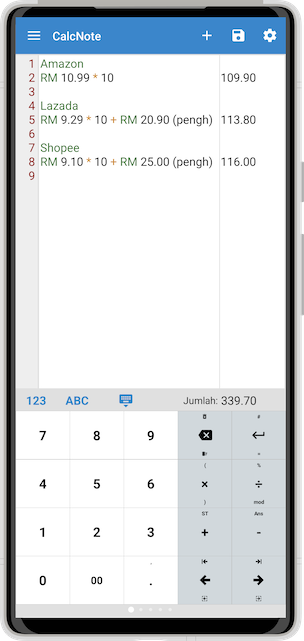 Tangkapan skrin CalcNote untuk perbandingan beli-belah