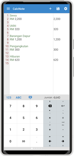 Tangkapan skrin CalcNote untuk nota perbelanjaan
