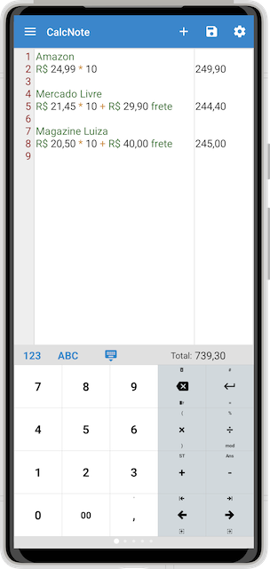 Captura de tela do CalcNote comparando compras