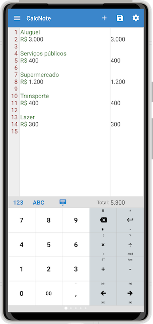 Captura de tela do CalcNote com notas de gastos