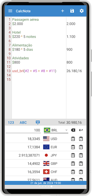 Captura de tela do CalcNote para planejamento de viagem