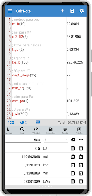 Captura de tela do CalcNote com cálculos avançados