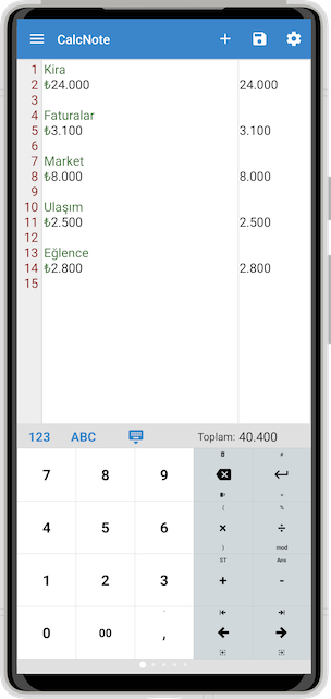 CalcNote gider notları ekran görüntüsü
