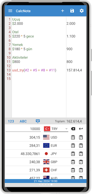 CalcNote seyahat planlama ekran görüntüsü