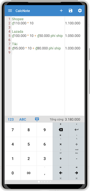 Ảnh chụp CalcNote so sánh mua sắm