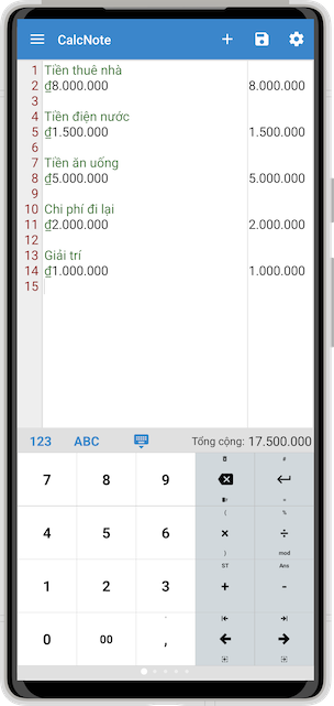 Ảnh chụp CalcNote ghi chú chi tiêu