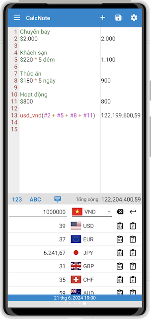 Ảnh chụp CalcNote lập kế hoạch du lịch